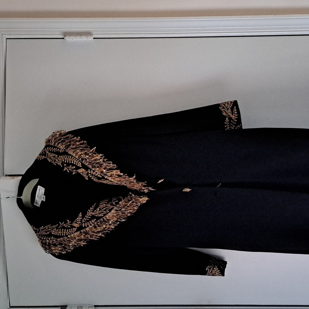 $1895 ST. JOHN Collection Black Knit Fringe Embroidery Coat